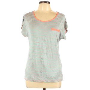Robin K. Short Sleeve Teal and Peach Stripe Key Hole back T-Shirt sz Large EUC